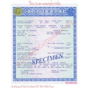 SC Certificate of Title of a Vehicle (CT-1M, 4-96)- Front