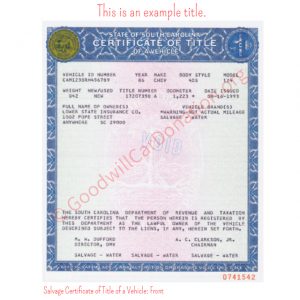 SC Salvage Certificate of Title of a Vehicle- Front