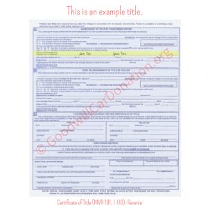 NC Certificate of Title (MVR 191, 1-00)- Reverse