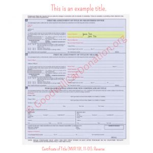 NC Certificate of Title (MVR 191, 11-01)- Reverse