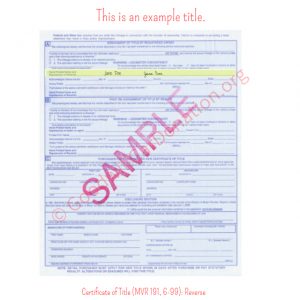 NC Certificate of Title (MVR 191, 6-99)- Reverse