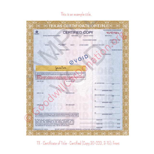 TX Certificate of Title Certified Copy 30 CCO 3 15 Front