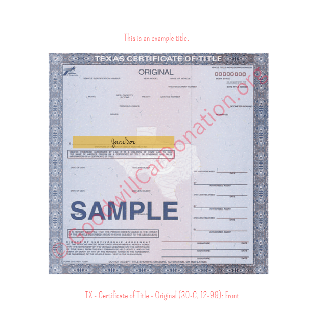 TX Certificate of Title Original 30 C 12 99 Front
