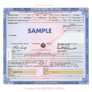 FL- Certificate of Title (HSMV 82250, 6-98)-Front | Goodwill Car Donations