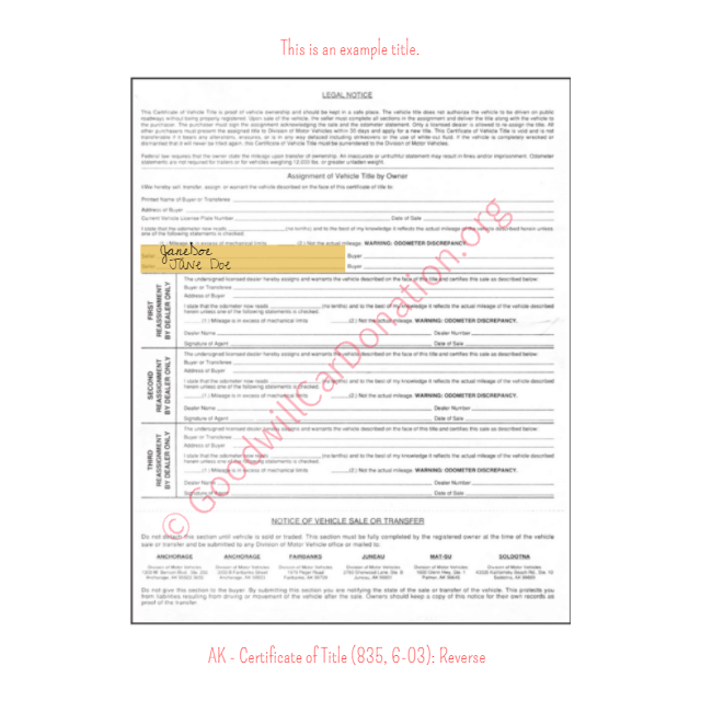 Alaska Certificate of Title (835, 6-03): Reverse | Goodwill Car Donations
