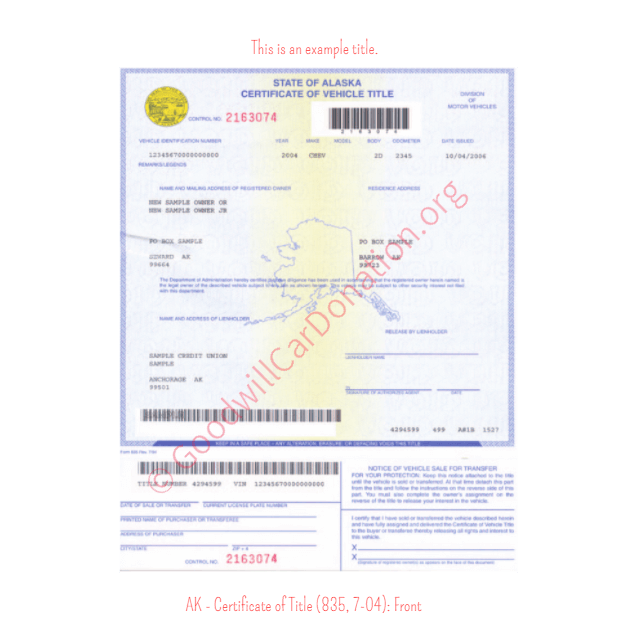 Alaska Certificate of Title (835, 7-04): Front | Goodwill Car Donations
