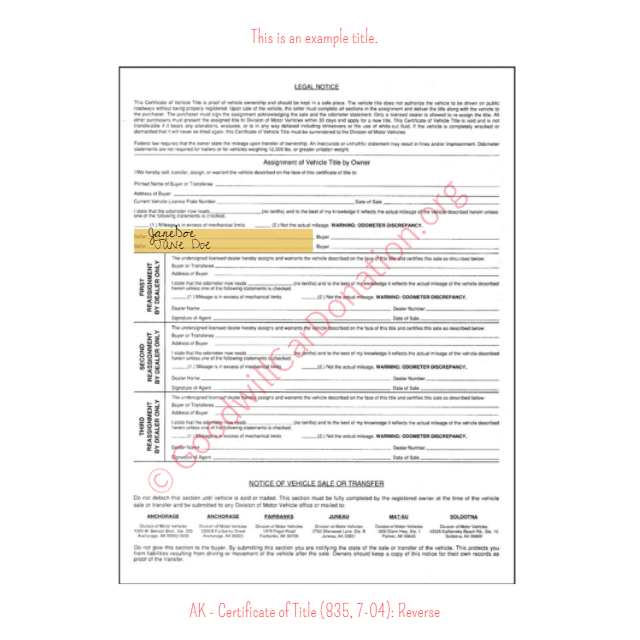Alaska Certificate of Title (835, 7-04): Reverse | Goodwill Car Donations

