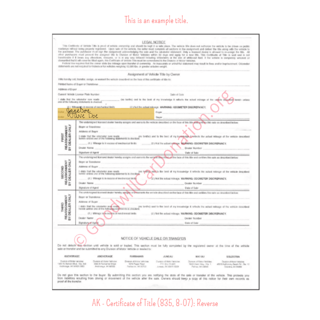 Alaska Certificate of Title (835, 8-07): Reverse | Goodwill Car Donations
