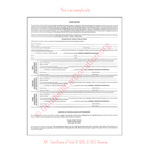 Alaska Certificate of Title (X-835, 6-00): Reverse | Goodwill Car Donations
