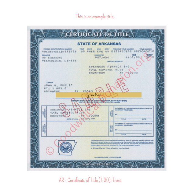 Arkansas Certificate of Title (1-90) Front | Goodwill Car Donations
