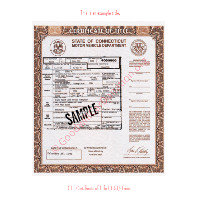 This is an Example of Connecticut Certificate of Title (3-91) Front View | Goodwill Car Donations
