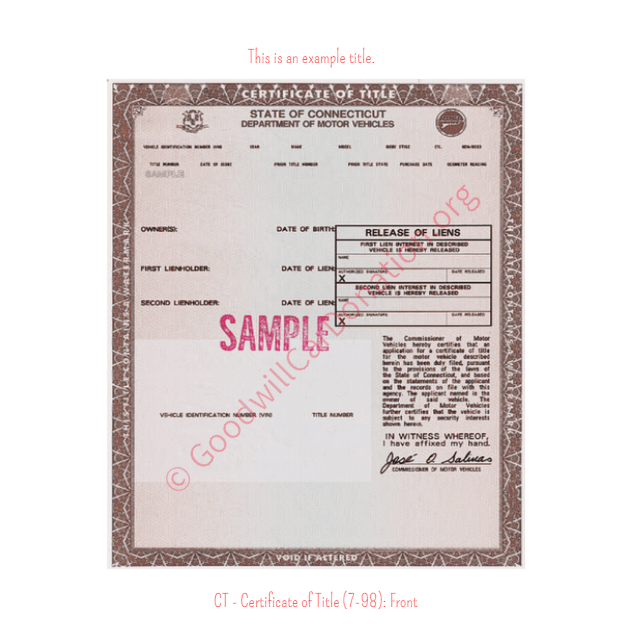 This is an Example of Connecticut Certificate of Title (7-98) Front View | Goodwill Car Donations

