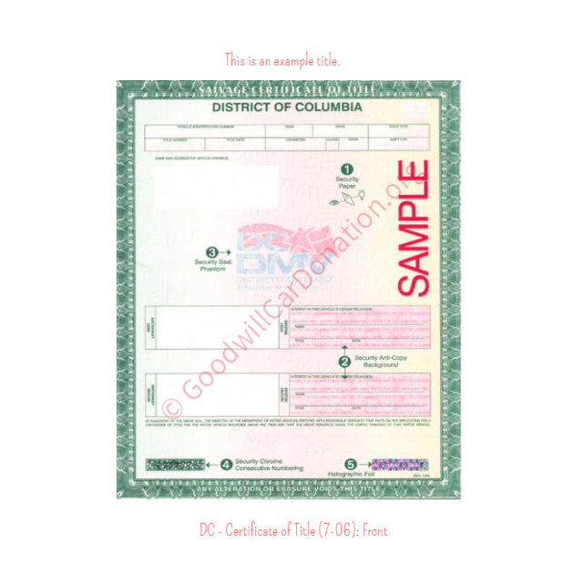 This is an Example of District Of Columbia Certificate of Title (7-06) Front View | Goodwill Car Donations
