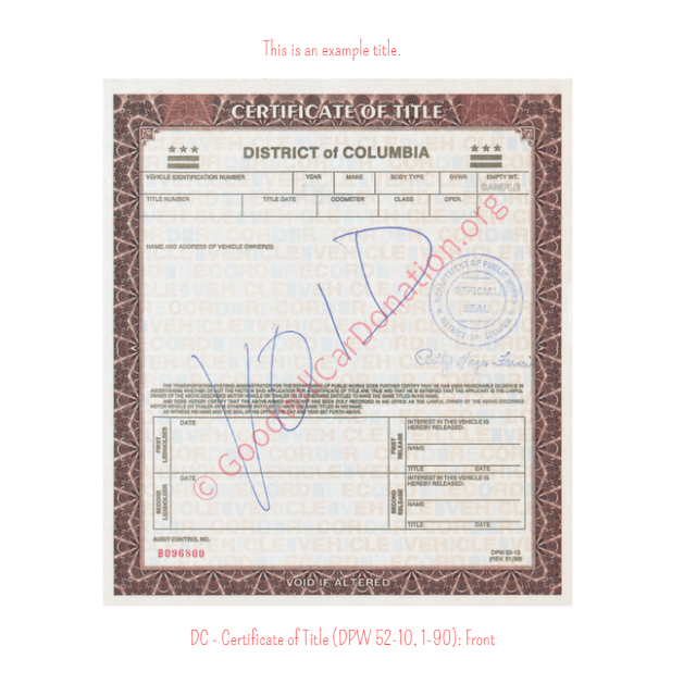 This is an Example of District Of Columbia Certificate of Title (DPW 52-10, 1-90) Front View | Goodwill Car Donations
