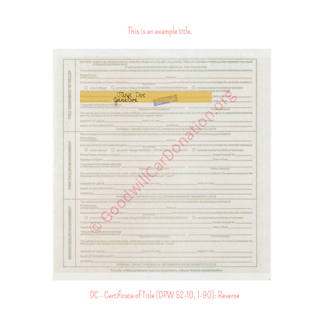 This is an Example of District Of Columbia Certificate of Title (DPW 52-10, 1-90) Reverse View | Goodwill Car Donations
