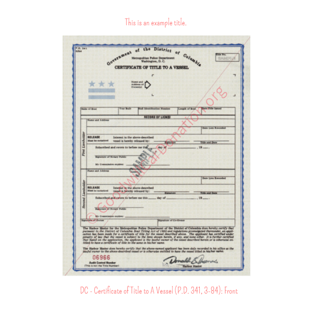 This is an Example of District Of Columbia Certificate of Title to A Vessel (P.D 341, 3-84) Front View | Goodwill Car Donations
