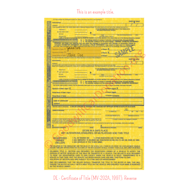 This is an Example of Delaware Certificate of Title (MV-202A, 1997) Reverse View | Goodwill Car Donations
