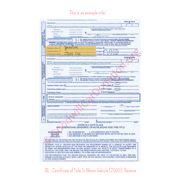 This is an Example of Delaware Certificate of Title To Motor Vehicle (2000) Reverse View | Goodwill Car Donations
