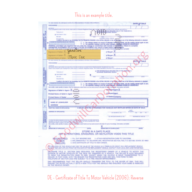 This is an Example of Delaware Certificate of Title To Motor Vehicle (2006) Reverse View | Goodwill Car Donations
