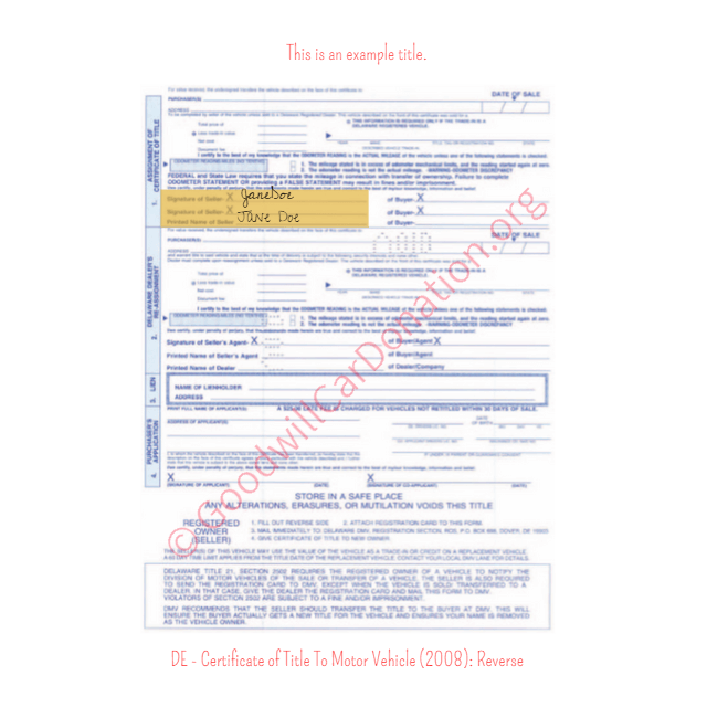 This is an Example of Delaware Certificate of Title To Motor Vehicle (2008) Reverse View | Goodwill Car Donations