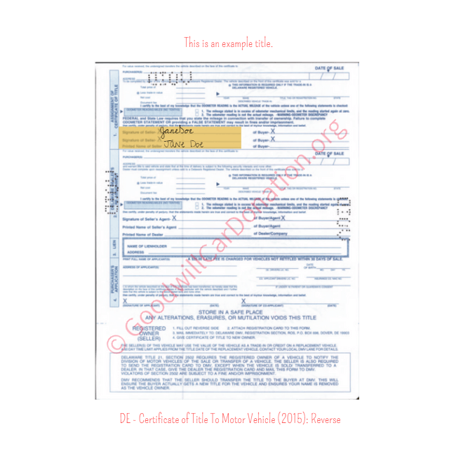 This is an Example of Delaware Certificate of Title To Motor Vehicle (2015) Reverse View | Goodwill Car Donations