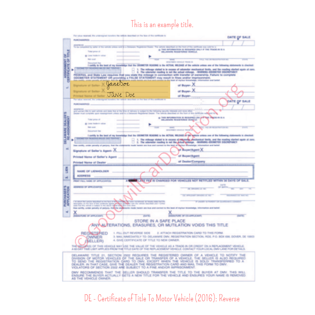 This is an Example of Delaware Certificate of Title To Motor Vehicle (2016) Reverse View | Goodwill Car Donations