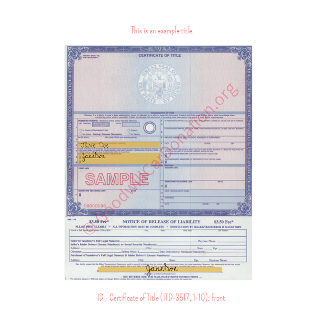This is an Example of Idaho Certificate of Title (ITD-3517, 1-10) Front View | Goodwill Car Donations
