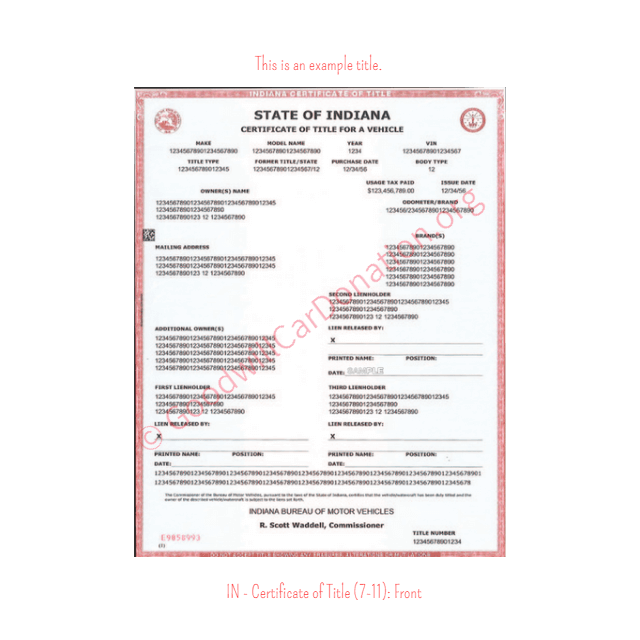 This is an Example of Indiana Certificate of Title (7-11) Front View | Goodwill Car Donations
