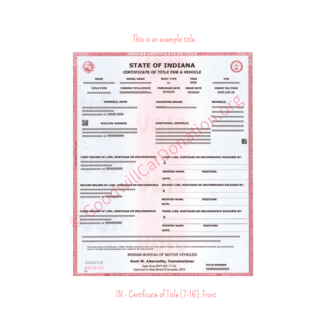 This is an Example of Indiana Certificate of Title (7-16) Front View | Goodwill Car Donations

