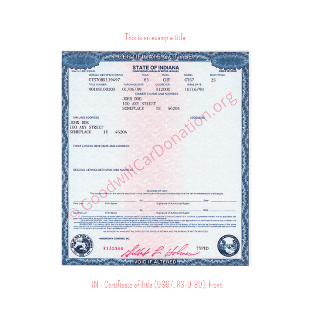 This is an Example of Indiana Certificate of Title (9697, R3-9-89) Front View | Goodwill Car Donations
