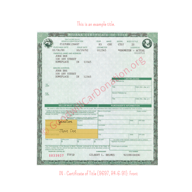 This is an Example of Indiana Certificate of Title (9697, R4-6-91) Front View | Goodwill Car Donations
