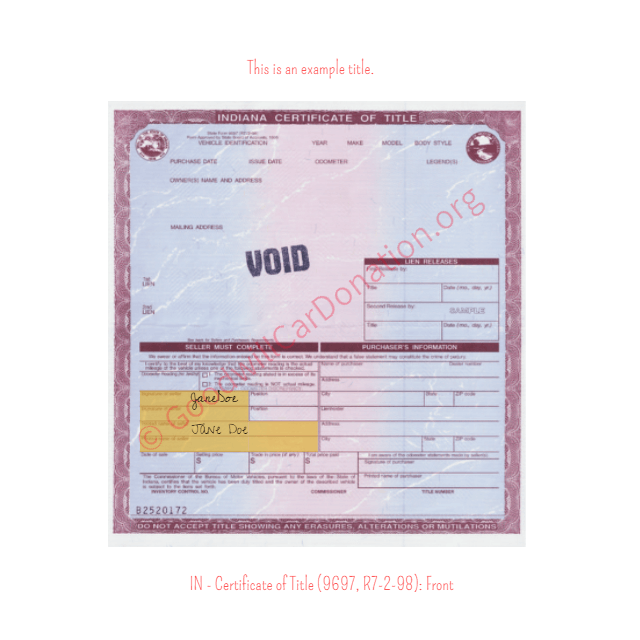 This is an Example of Indiana Certificate of Title (9697, R7-2-98) Front View | Goodwill Car Donations
