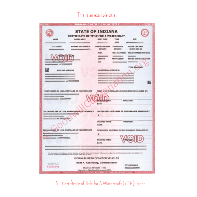 This is an Example of Indiana Certificate of Title for A Watercraft (7-16) Front View | Goodwill Car Donations
