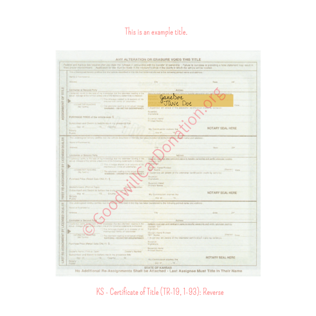 This is an Example of Kansas Certificate of Title (TR-19, 1-93) Reverse View | Goodwill Car Donations
