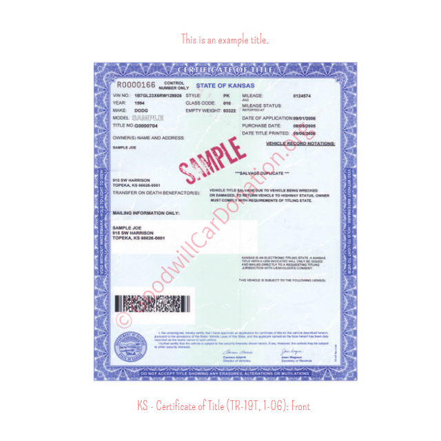 This is an Example of Kansas Certificate of Title (TR-19T, 1-06) Front View | Goodwill Car Donations
