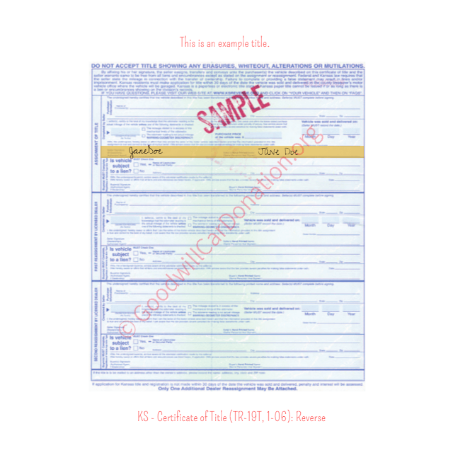 This is an Example of Kansas Certificate of Title (TR-19T, 1-06) Reverse View | Goodwill Car Donations
