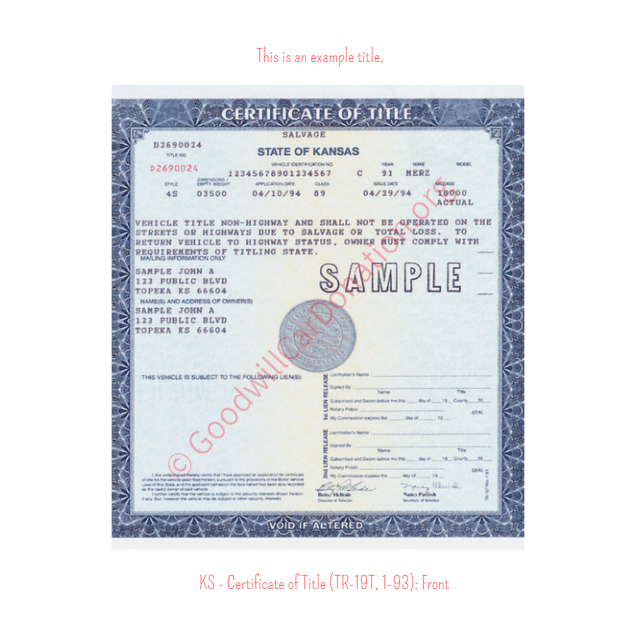 This is an Example of Kansas Certificate of Title (TR-19T, 1-93) Front View | Goodwill Car Donations
