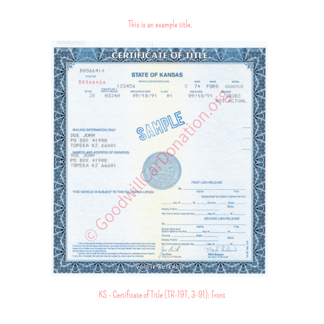 This is an Example of Kansas Certificate of Title (TR-19T, 1-93) Front View | Goodwill Car Donations
