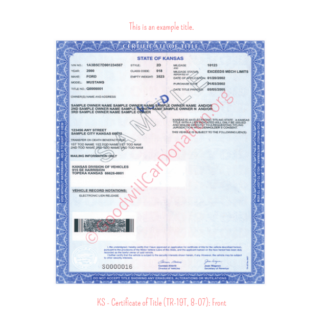 This is an Example of Kansas Certificate of Title (TR-19T, 8-07) Front View | Goodwill Car Donations
