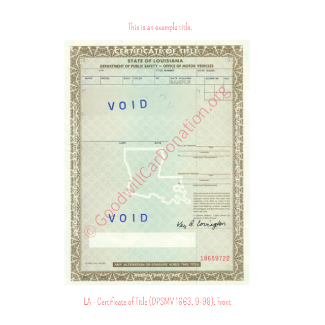 This is an Example of Louisiana Certificate of Title (DPSMV 1663, 9-98) Front View | Goodwill Car Donations
