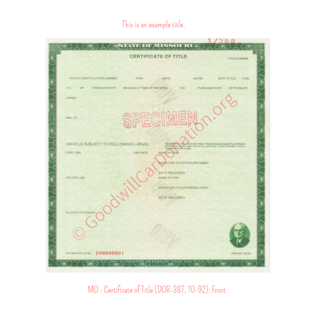 This is an Example of Missouri Certificate of Title (DOR-387, 10-92) Front View | Goodwill Car Donations
