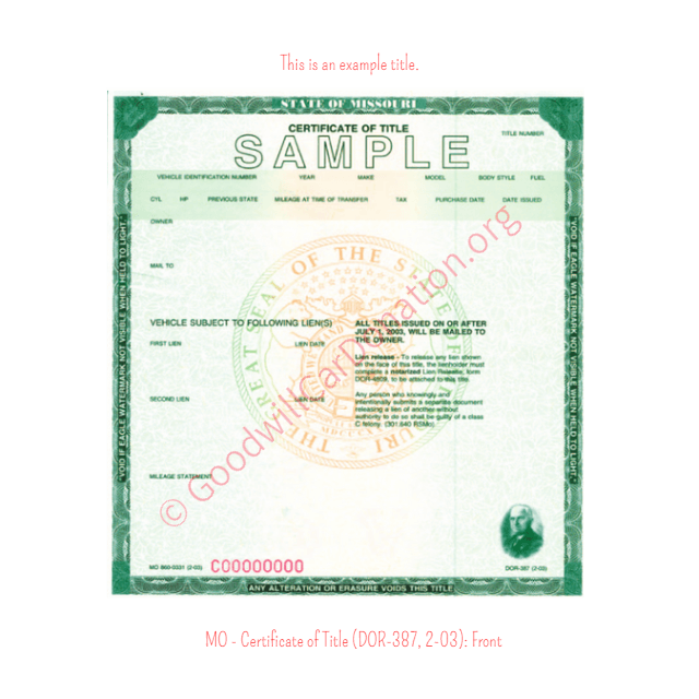 This is an Example of Missouri Certificate of Title (DOR-387, 2-03) Front View | Goodwill Car Donations
