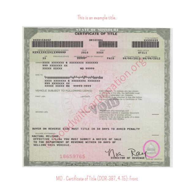 This is an Example of Missouri Certificate of Title (DOR-387, 4-15) Front View | Goodwill Car Donations
