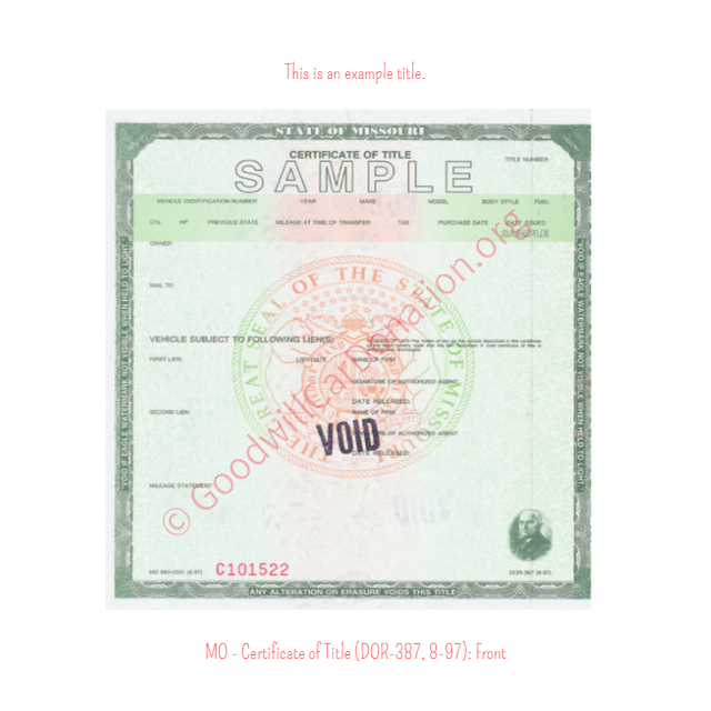 This is an Example of Missouri Certificate of Title (DOR-387, 8-97) Front View | Goodwill Car Donations
