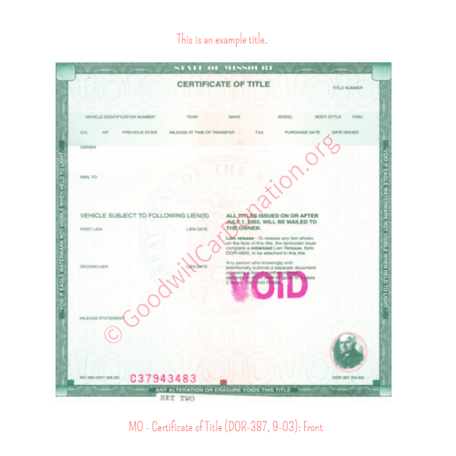 This is an Example of Missouri Certificate of Title (DOR-387, 9-03) Front View | Goodwill Car Donations
