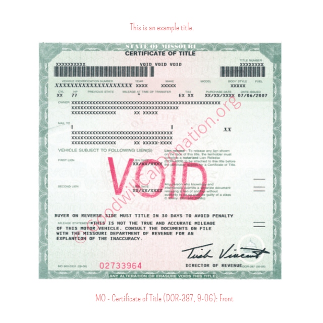 This is an Example of Missouri Certificate of Title (DOR-387, 9-06) Front View | Goodwill Car Donations
