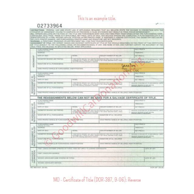 This is an Example of Missouri Certificate of Title (DOR-387, 9-06) Reverse View | Goodwill Car Donations
