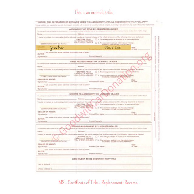 This is an Example of Mississippi Certificate of Title - Replacement - Reverse | Goodwill Car Donations
