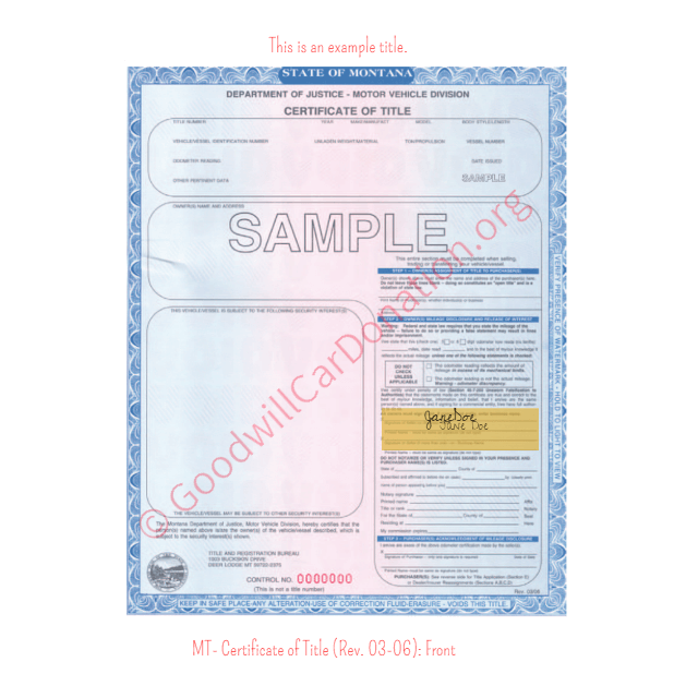 This is an Example of Montana Certificate of Title (Rev. 03-06) Front View | Goodwill Car Donations
