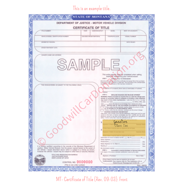 This is an Example of Montana Certificate of Title (Rev. 09-03) Front View | Goodwill Car Donations
